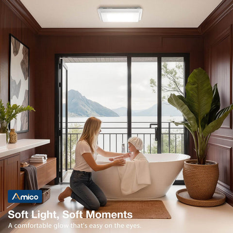 Bathroom with Amico 80 CFM Ceiling Mount Bathroom Exhaust Fan With Light Quiet 0.9 Sones 1000 Lumen LED installed