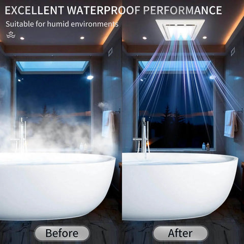 Bathroom Exhaust Fan With Light And LED Panel, 11.8 Inch Square, 120 CFM, Low Noise 1.0 Sones, installed above bathtub