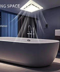 Bathroom Exhaust Fan With Light And LED Panel, 11.8 Inch Square, 120 CFM, Low Noise 1.0 Sones, 12W LED Lighting installed above modern bathtub