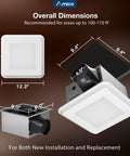 Product dimensions of Quiet 110 CFM Bathroom Exhaust Fan With Light For Fresh Air, 12.3-inch square, ceiling mount view