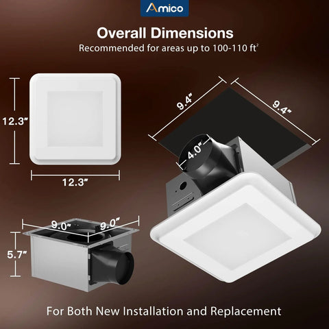 Product dimensions of Quiet 110 CFM Bathroom Exhaust Fan With Light For Fresh Air, 12.3-inch square, ceiling mount view