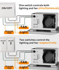 Diagram showing wiring options for Powerful Quiet Bathroom Exhaust Fan With Light Delivering 130 CFM And One And A Half Sones LED Night Light 1300 Lumen Output At 2700K 4000K And 6500K With Light Memory ETL Certified White 9 Inch Fitop