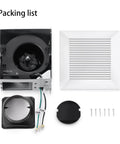 Quiet 110 CFM Bathroom Exhaust Fan with metal housing, white grille, 4 inch duct, mounting hardware, and electrical wires