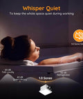 Woman relaxing in bathtub with Powerful Quiet Bathroom Exhaust Fan With Light Delivering 130 CFM And One And A Half Sones LED Night Light 1300 Lumen Output At 2700K 4000K And 6500K With Light Memory ETL Certified White 9 Inch Fitop, illustrating quiet operation at 1.0 sone.