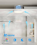 Bathroom Exhaust Fan With Dope RGB Lights 110 CFM Quiet 1 Sone in use above shower, demonstrating airflow and lighting features.