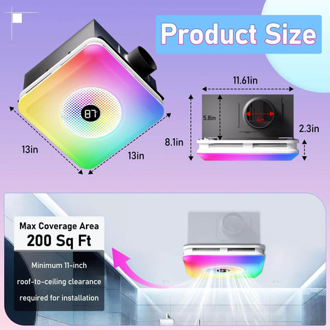 Bathroom Exhaust Fan With Bluetooth Speaker And LED Light All In One 4 In 1 230 CFM 1.5 Sone 7 Color RGB And 3CCT Adjustable Light Music Sync