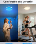 Split image showing woman using bathroom with blue RGB light and woman running on treadmill in home gym with white light.