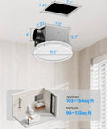 Diagram showing installation of Bathroom Exhaust Fan With Dope RGB Lights 110 CFM Quiet 1 Sone for bath, shower, attic ventilation.