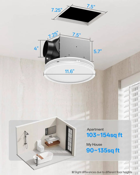 Diagram showing installation of Bathroom Exhaust Fan With Dope RGB Lights 110 CFM Quiet 1 Sone for bath, shower, attic ventilation.