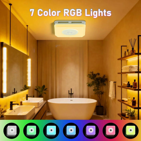 Bathroom Exhaust Fan With Bluetooth Speaker And LED Light All In One 4 In 1 230 CFM 1.5 Sone 7 Color RGB installed in bathroom