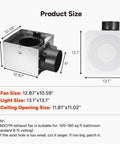 Must-Have 3-In-1 Bathroom Exhaust Fan With Light And Humidity Sensor, dimensions labeled, including fan, light, ceiling opening sizes.