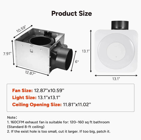 Must-Have 3-In-1 Bathroom Exhaust Fan With Light And Humidity Sensor, dimensions labeled, including fan, light, ceiling opening sizes.