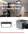 Bathroom Exhaust Fan With Light 80 CFM 2.0 Sones Quiet Ceiling Vent, Dimmable 15W Dope LED Lights With 3 CCT And 3.5W Night Light, Square Black Ceiling Mount Akicon, shown installed in a bathroom with diagrams of dimensions.