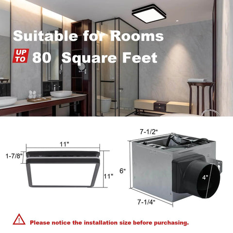 Bathroom Exhaust Fan With Light 80 CFM 2.0 Sones Quiet Ceiling Vent, Dimmable 15W Dope LED Lights With 3 CCT And 3.5W Night Light, Square Black Ceiling Mount Akicon, shown installed in a bathroom with diagrams of dimensions.