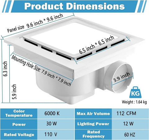 Side view of Quiet Bathroom Exhaust Fan With Light 112 CFM 1.0 Sones 6000K LED Panel Square 9.6 Inch 12W with dimensions