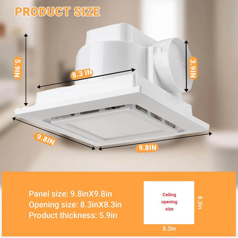 Super Quiet 120 CFM Bathroom Exhaust Fan With Light 6200K 12W LED Delivers Bright Daylight While Running At One Point Zero Sones Low Noise In A Square Ceiling Mount 4 Inch Duct Great For Shower Bathroom Laundry Room And Home Office By RLOZUI showing product dimensions and design