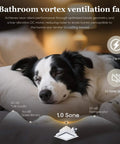 Ultra Quiet 110 CFM Bathroom Exhaust Fan With 10 Inch Panel No Light 8x8 Mount 4 Inch Duct For Bathroom Garage Or Home Eliminates Moisture Odors And Steam, illustrated with a sleeping dog demonstrating quiet operation.
