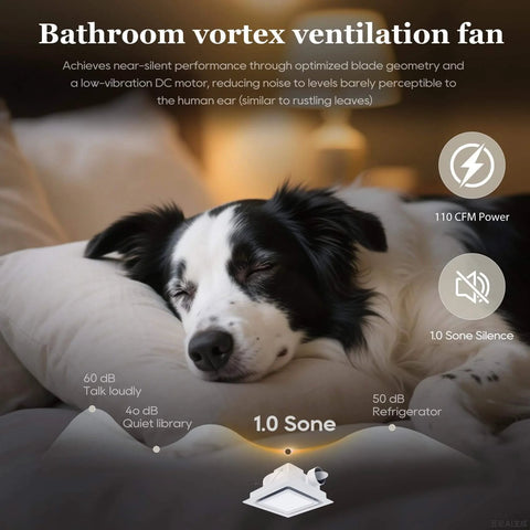 Ultra Quiet 110 CFM Bathroom Exhaust Fan With 10 Inch Panel No Light 8x8 Mount 4 Inch Duct For Bathroom Garage Or Home Eliminates Moisture Odors And Steam, illustrated with a sleeping dog demonstrating quiet operation.