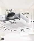 Whisper Quiet Pick A Flow Bath Exhaust Fan For Ceiling Or Wall Mount With DC ECM Motor, Energy Star Certified, dimensions labeled.