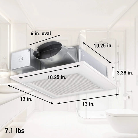 Whisper Quiet Pick A Flow Bath Exhaust Fan For Ceiling Or Wall Mount With DC ECM Motor, Energy Star Certified, dimensions labeled.