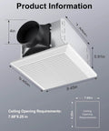 Powerful 110 CFM Bathroom Exhaust Fan With No Attic Access Needed, Easy Install, Ultra Quiet 1.0 Sone, dimensions marked.