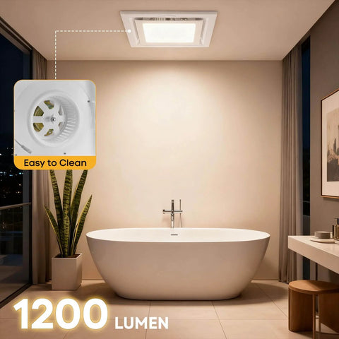 Bathroom Exhaust Fan With Light, 12 Inch Ultra Quiet 1.0 Sones, shown installed in a modern bathroom ceiling above a bathtub