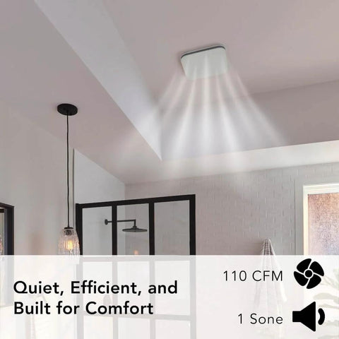 Ultra Quiet Bathroom Exhaust Fan With Easy Retrofit Without Attic Access 110 CFM 1 Sone Energy Star Certified Made In USA installed on ceiling