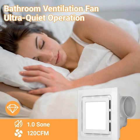 Super Quiet 120 CFM Bathroom Exhaust Fan With Light 6200K 12W LED Delivers Bright Daylight While Running At One Point Zero Sones Low Noise In A Square Ceiling Mount 4 Inch Duct Great For Shower Bathroom Laundry Room And Home Office By RLOZUI, shown in action next to a sleeping person.