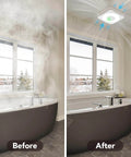 Comparison of bathroom with and without Must-Have 3-In-1 Bathroom Exhaust Fan With Light And Humidity Sensor installed on the ceiling.