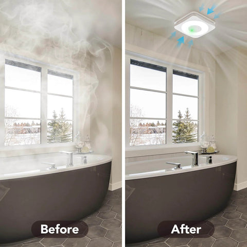Comparison of bathroom with and without Must-Have 3-In-1 Bathroom Exhaust Fan With Light And Humidity Sensor installed on the ceiling.