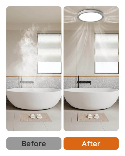 Comparison of bathroom before and after using Bathroom Exhaust Fan With Light 130 CFM Quiet Ceiling Mount Vent by Fitop for shower ventilation.