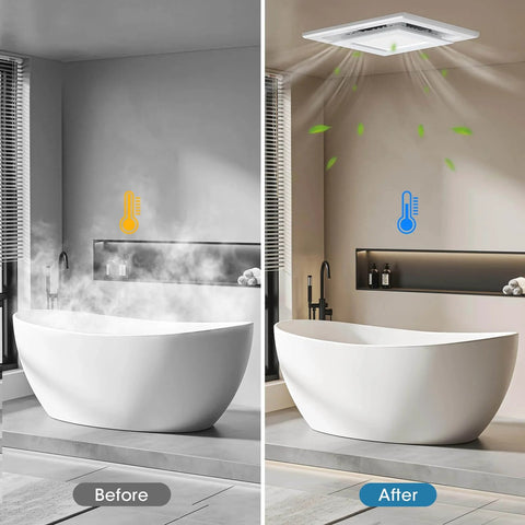 Before and after installation of 100 CFM Bathroom Exhaust Fan With 3CCT LED Light, showing steam reduction in bathroom.