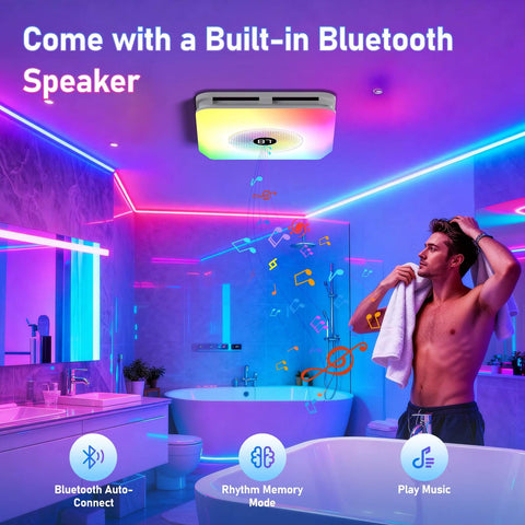 Bathroom Exhaust Fan With Bluetooth Speaker And LED Light All In One 4 In 1 230 CFM 1.5 Sone in bathroom with neon lights