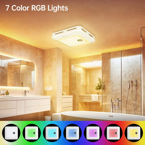 Installed Do It All Bathroom Exhaust Fan With Bluetooth Speaker And LED Light Nightlight Remote 230 CFM 1.0 Sone Three Color Temperatures Seven LED Colors Easy Install White