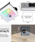 Do It All Bathroom Exhaust Fan With Bluetooth Speaker And LED Light Nightlight Remote 230 CFM 1.0 Sone Three Color Temperatures Seven LED Colors Easy Install White, front and side view with dimensions and installation details