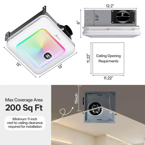 Do It All Bathroom Exhaust Fan With Bluetooth Speaker And LED Light Nightlight Remote 230 CFM 1.0 Sone Three Color Temperatures Seven LED Colors Easy Install White, front and side view with dimensions and installation details