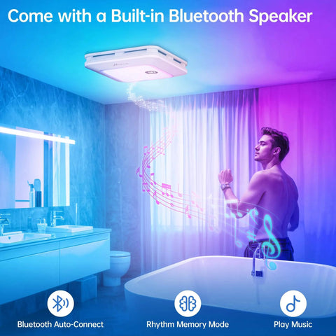 Installed Do It All Bathroom Exhaust Fan With Bluetooth Speaker And LED Light Nightlight Remote 230 CFM 1.0 Sone in modern bathroom