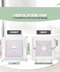 Front and back view of Universal 11x11 Inch Bathroom Exhaust Fan Cover With Spring Load Heavy Duty Plastic Grille For Ceiling Or Wall Mounted Fans No Sweat Easy Install Adjustable Spring Clips Includes Gloves Aufind.