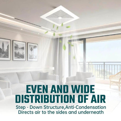 Spring Loaded 10x10 Inch Bathroom Exhaust Fan Cover In White ABS Plastic installed on ceiling in living room, diffusing air.