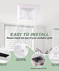 Universal 11x11 Inch Bathroom Exhaust Fan Cover With Spring Load Heavy Duty Plastic Grille shown during installation steps on ceiling.
