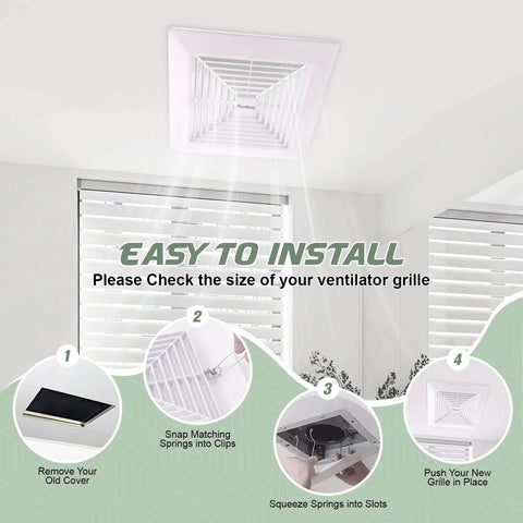 Universal 11x11 Inch Bathroom Exhaust Fan Cover With Spring Load Heavy Duty Plastic Grille shown during installation steps on ceiling.