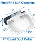 90 CFM Ceiling Mounted Bathroom Exhaust Fan With Snap In Installation Quiet 2.5 Sones White 10x10 Polymeric Grill 4 Inch Duct Collar High Impact Plastic Housing Air King BFQ90 showing dimensions and duct collar.