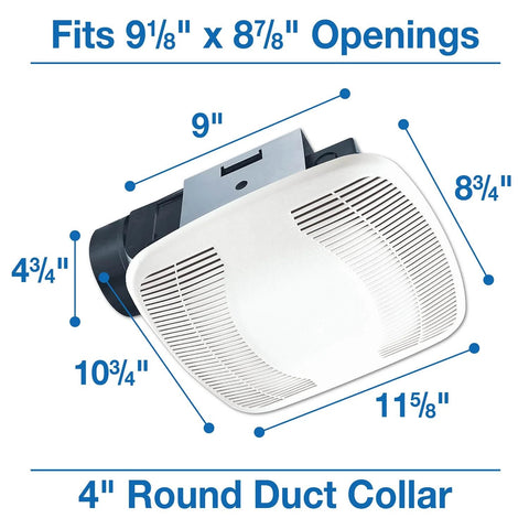 90 CFM Ceiling Mounted Bathroom Exhaust Fan With Snap In Installation Quiet 2.5 Sones White 10x10 Polymeric Grill 4 Inch Duct Collar High Impact Plastic Housing Air King BFQ90 showing dimensions and duct collar.