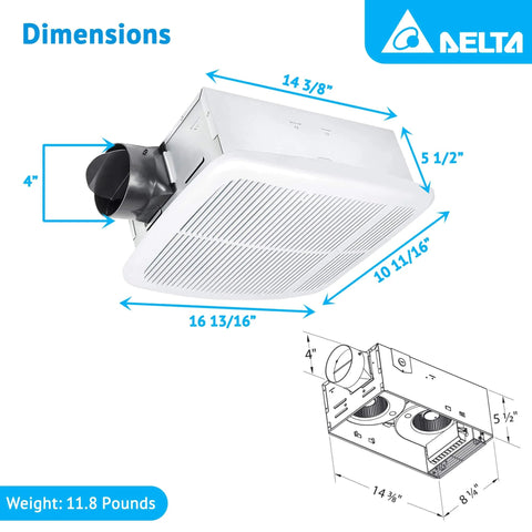 Radiance 80 CFM Exhaust Bathroom Fan With Quiet Operation And Built In Thermostat Heater, Energy Efficient Brushless DC Motor Delivers Ultra Low Noise And Long Lifespan From Delta Breez; white fan with duct.