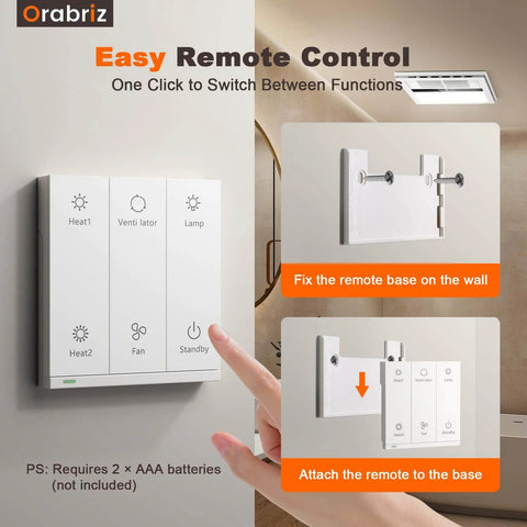 Remote control installation for 4 In 1 Bathroom Exhaust Fan With Heater Orabriz 1100W 2200W Dual Heating 220 CFM Quiet Ceiling Mount LED Light 6000K 1800 Lumen Energy Efficient Plug In Or Hardwired.