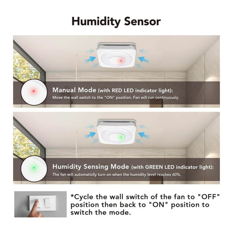 Humidity sensor modes for Must-Have 3-In-1 Bathroom Exhaust Fan With Light And Humidity Sensor, Auto On At 60 Percent Humidity