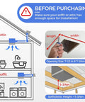 Diagram for installation requirements of Powerful 110 CFM Bathroom Exhaust Fan With Light From Akicon, showing attic and soffit measurements.
