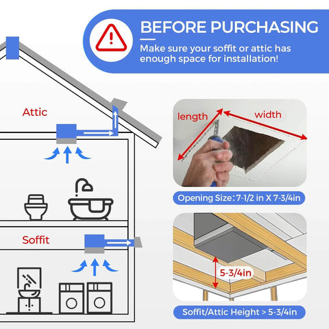 Diagram for installation requirements of Powerful 110 CFM Bathroom Exhaust Fan With Light From Akicon, showing attic and soffit measurements.