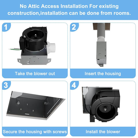 Installation steps for Very Quiet 70 CFM Bathroom Exhaust Fan With 2.0 Sone No Attic Access Needed Energy Star Certified Easy Ceiling Mount