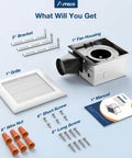 Quiet 110 CFM Bathroom Exhaust Fan With 1.0 Sones For Low Noise Bathroom Ventilation Ceiling Mounted No Attic Access Needed Easy Install 4 Inch Duct ETL And FCC Certified Amico unpacked with components